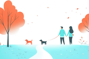 Illustration eines Paares, welches mit dem Hund spazieren geht