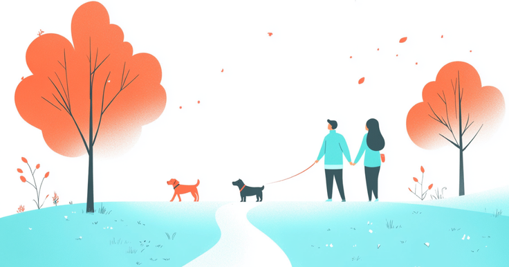 Illustration eines Paares, welches mit dem Hund spazieren geht